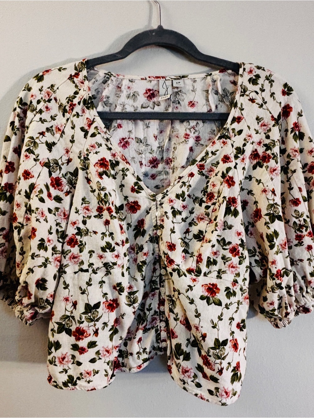 Joie Floral Blouse in Cream with Red Rose Print and Peasant Sleeves Button Up